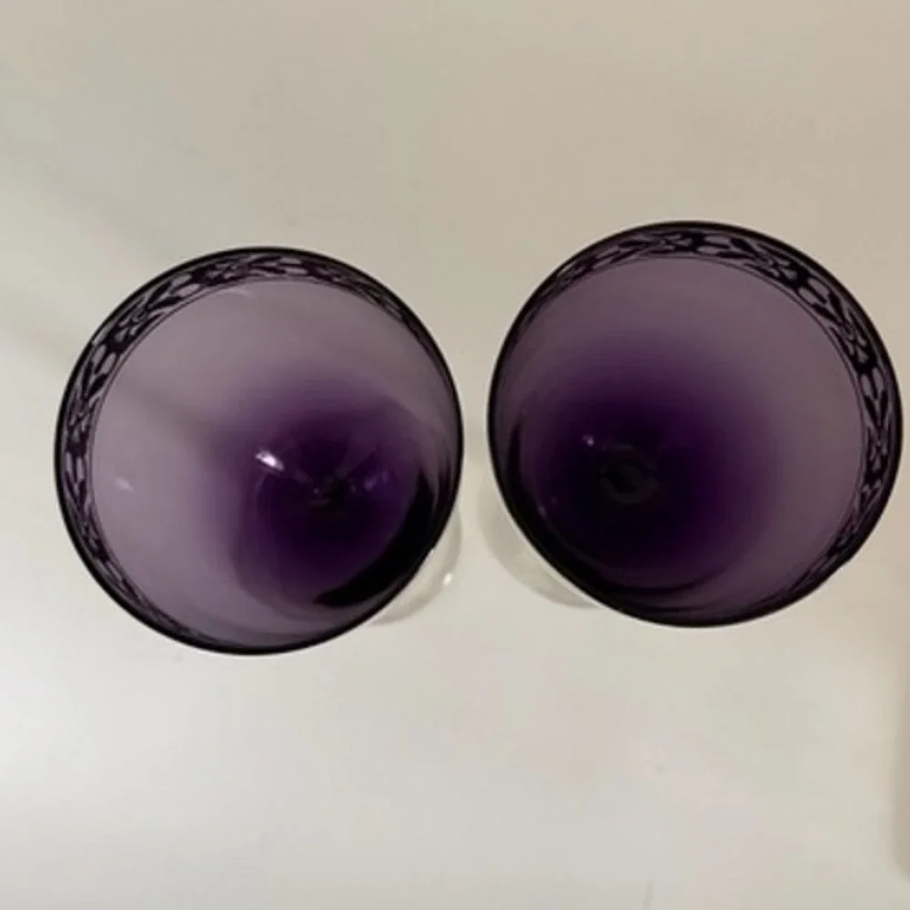 Pier 1 Vintage Amethyst Purple Wine Glasses with Gold Encrusted Rim Set‎ of 2